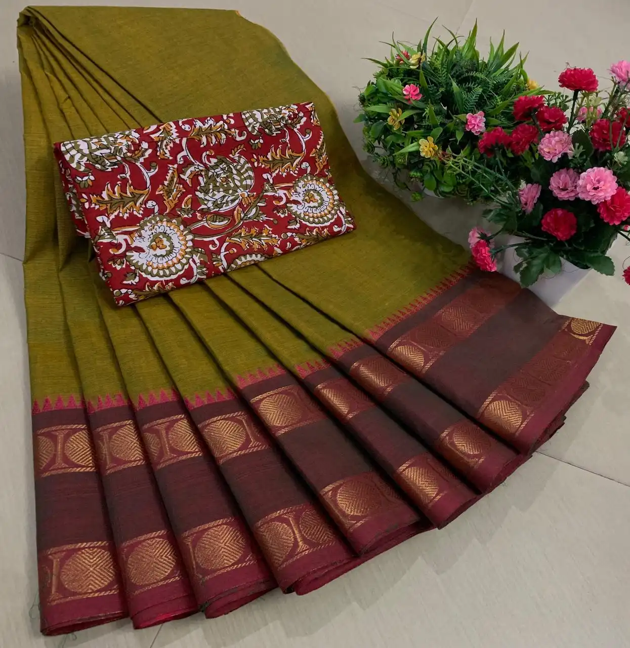 Olive Green Maroon Contrast Zari Border Floral  Pure Cotton Saree